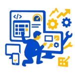 Isometric illustration of a developer building responsive, SEO-ready websites with performance tools, code blocks, and device previews. Shows layout grids, speedometer, and optimization symbols in blue and amber color scheme.